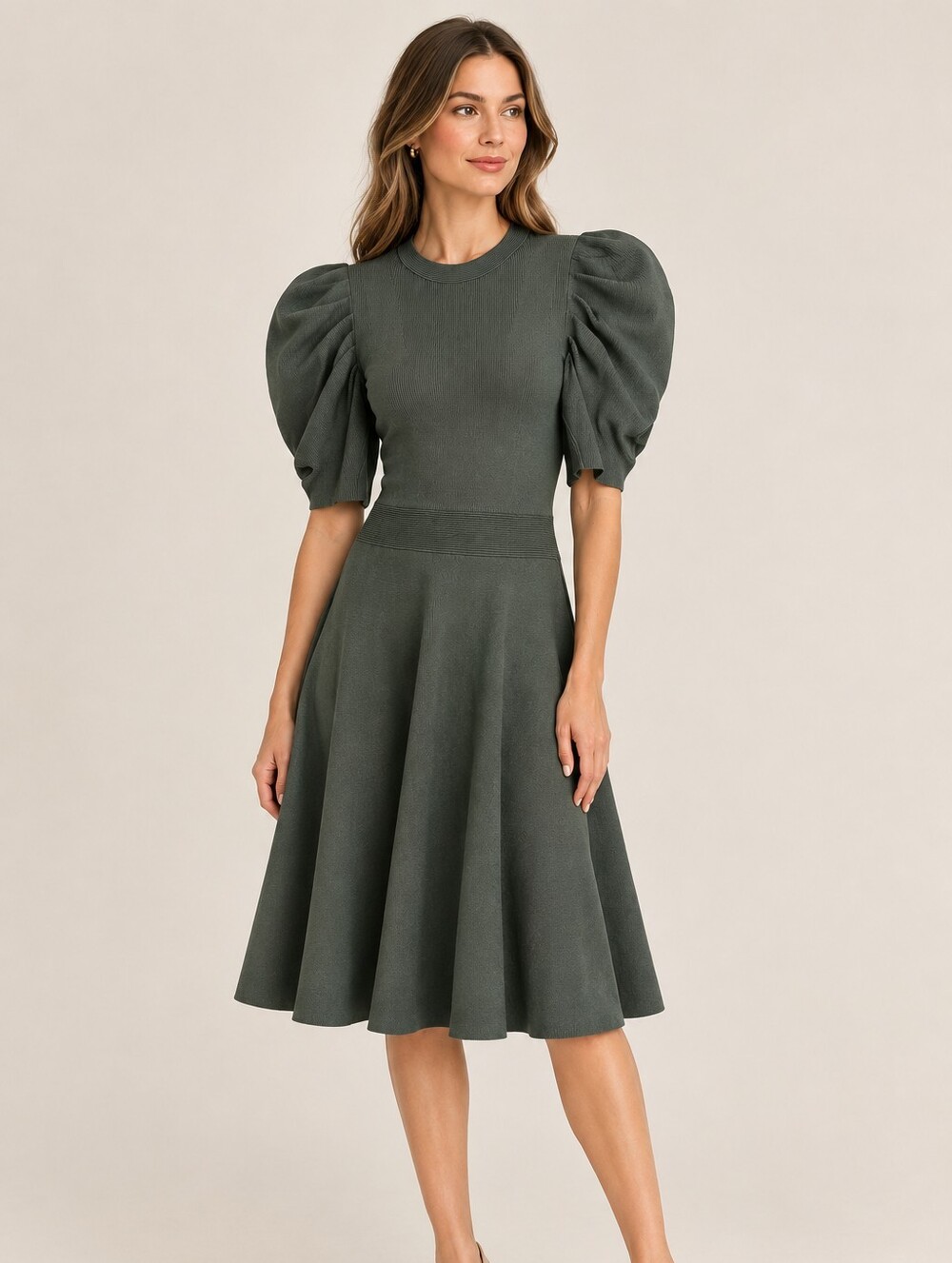 Ted Baker Puff Sleeve Knit Midi Dress - Dark Sage